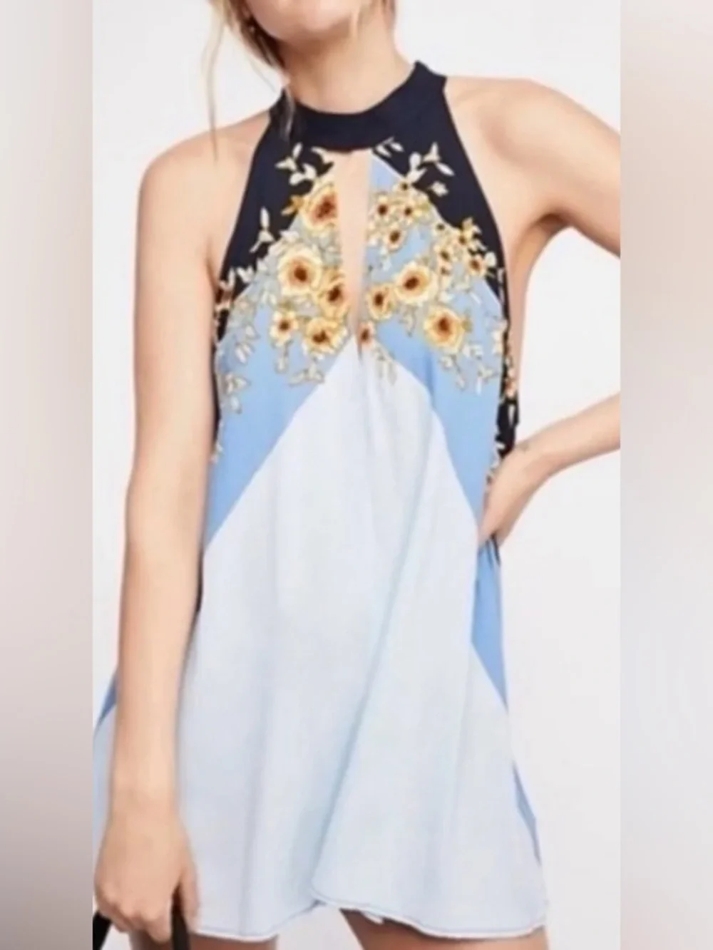Free People Blue and Yellow Floral Halter Blouse with Keyhole Detail- Size M